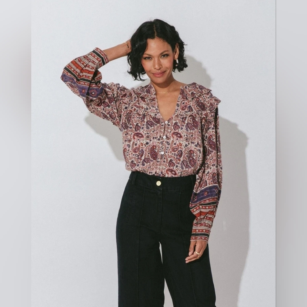 Cleobella Paisley Button-Front Blouse in Mauve and Navy - Picture 3 of 14